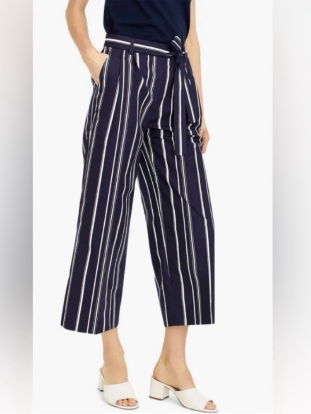 J.CREW P-Striped Wide Leg Cropped Pant Navy Blue WQ3736